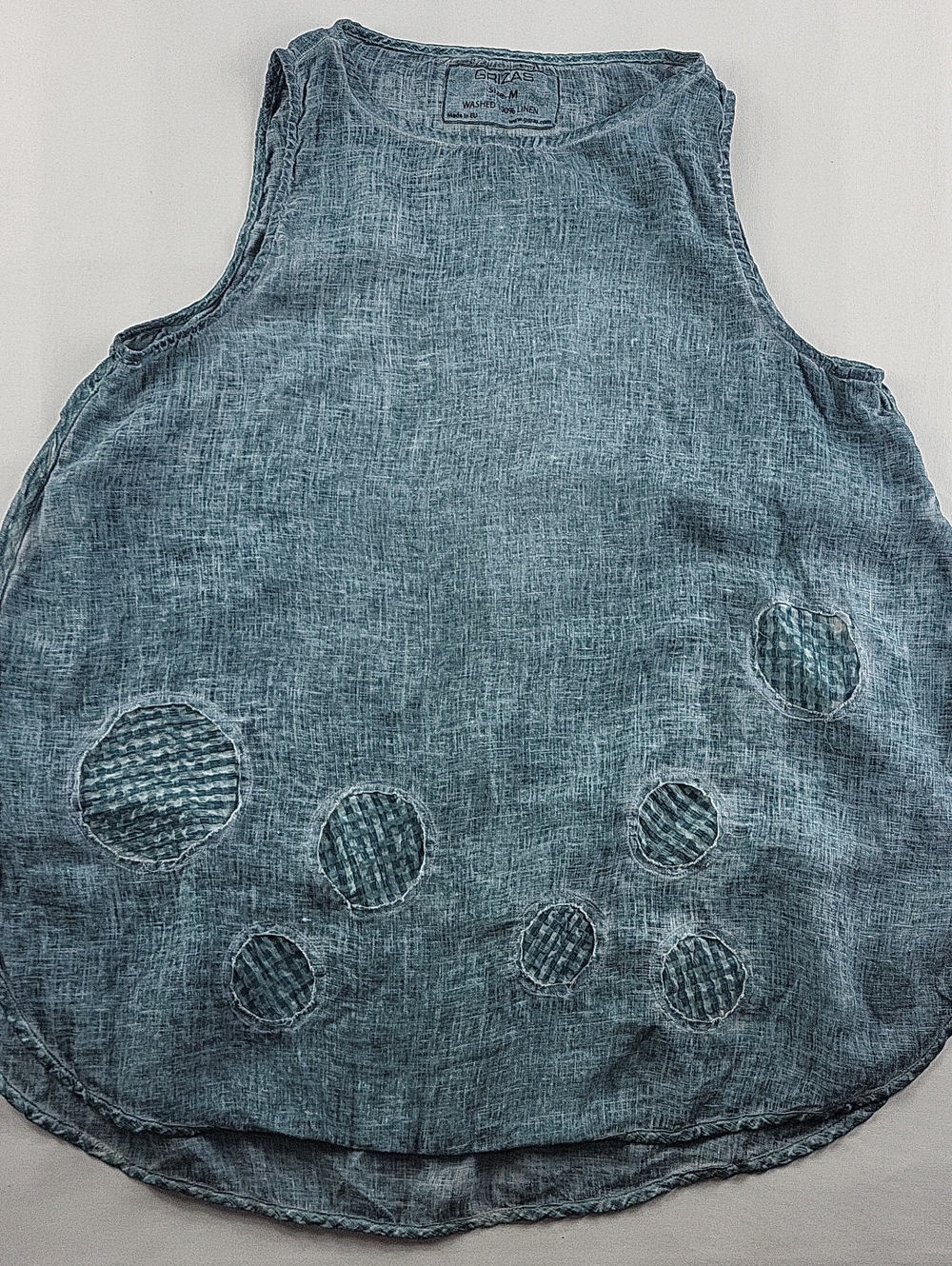 Grizas Blue Washed Linen Tank Top Textured Circle Applique Size Medium